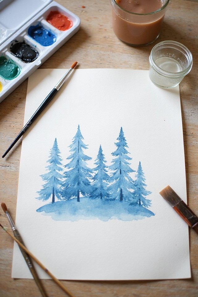 Watercolor painting of blue pine trees with art supplies, brushes, and paint set on a wooden table.