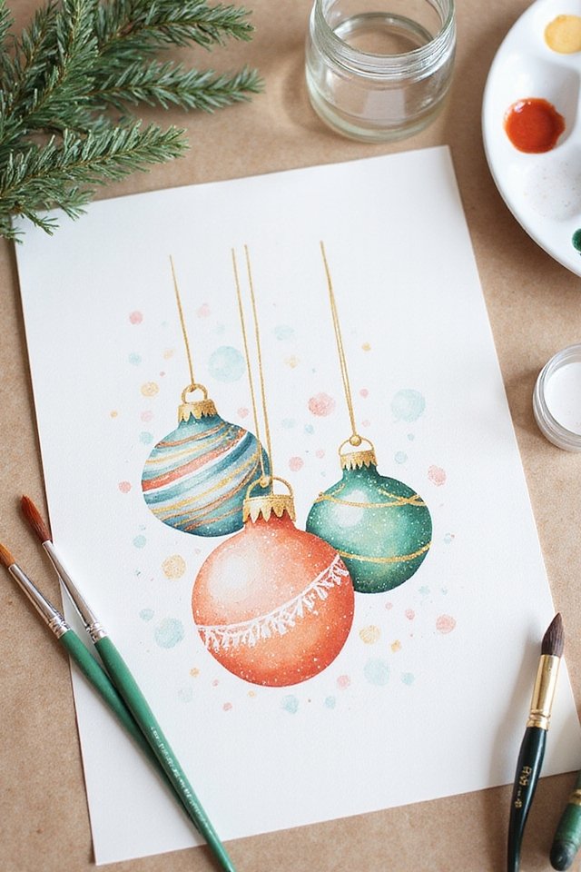 Watercolor painting of colorful Christmas ornaments with paint brushes, palette, and pine branch. Festive holiday art.