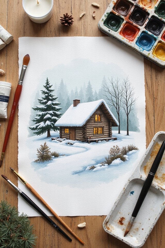 Watercolor painting of a cozy snow-covered cabin in winter, surrounded by trees, with art supplies around.