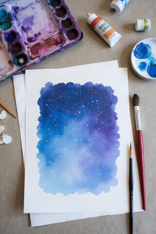 Watercolor painting of a starry night sky with art supplies, including a palette and brushes, on a table.