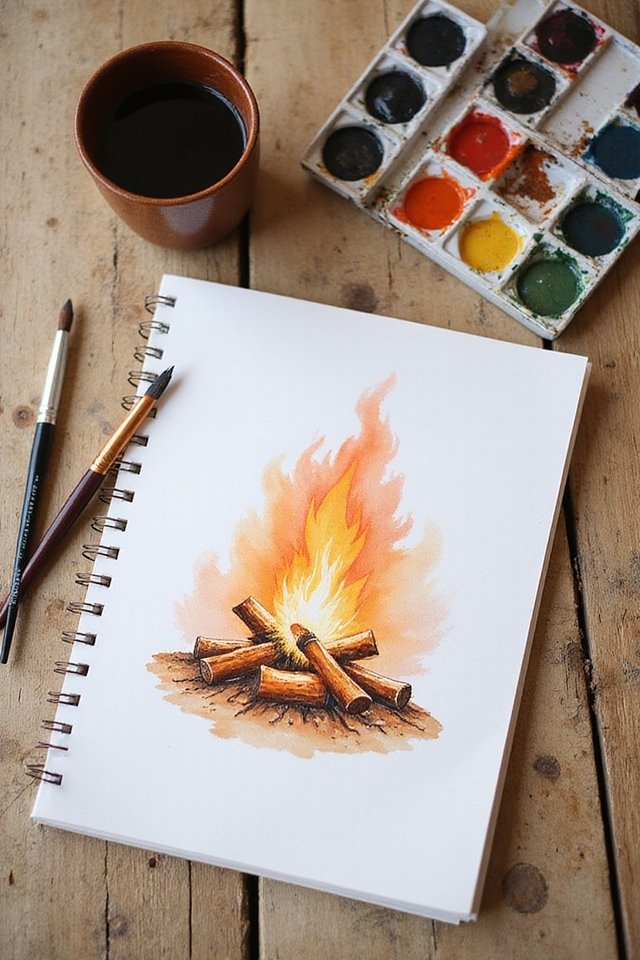 Watercolor painting of a campfire on sketchbook with brushes, paints, and coffee on wooden table.