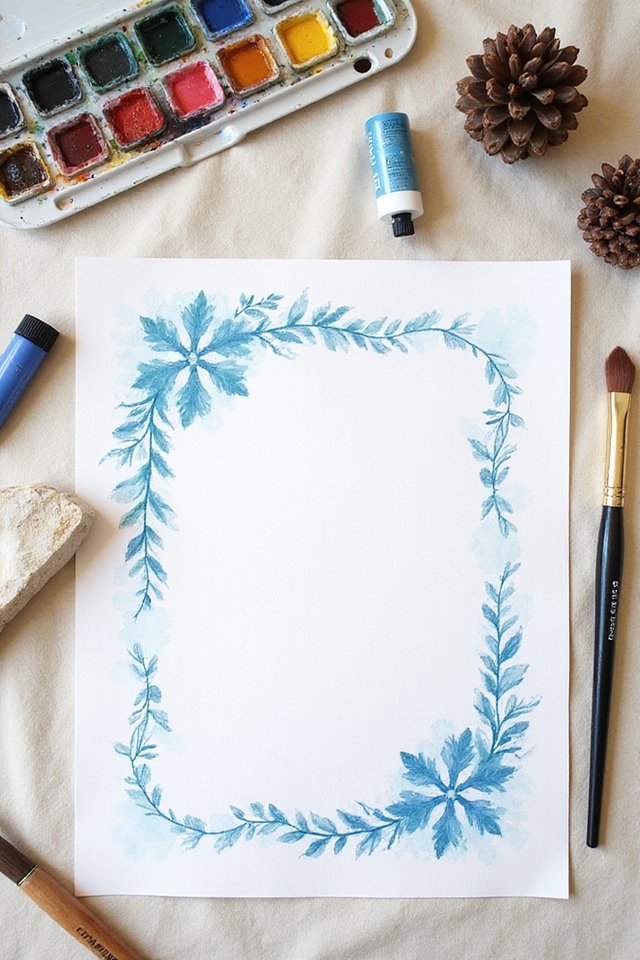 Watercolor painting setup with blue floral border, palette, and brushes on a beige canvas background.