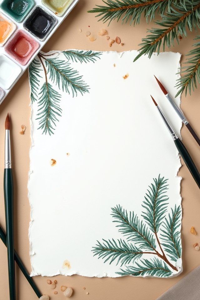 Blank paper with watercolor pine branches, surrounded by paintbrushes and paint palette on a beige background.