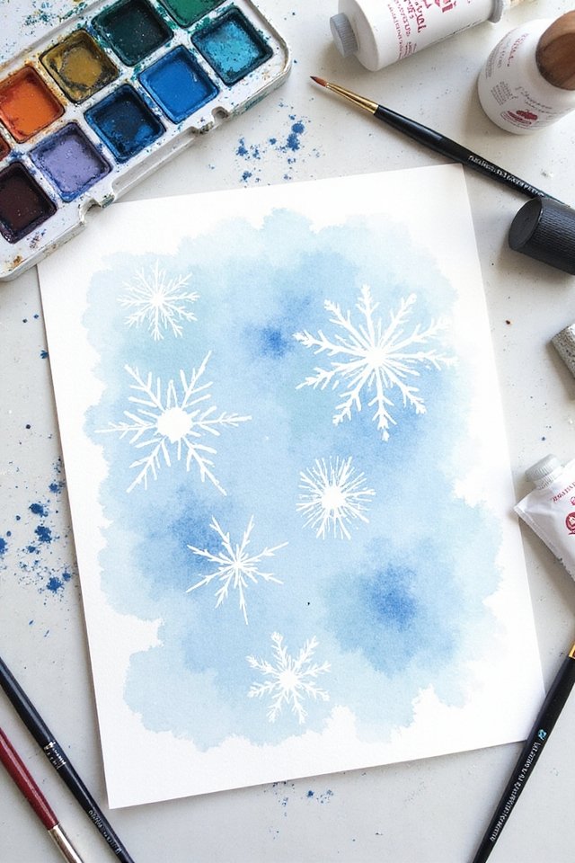 Watercolor painting of snowflakes on blue background with paint palette and brushes.