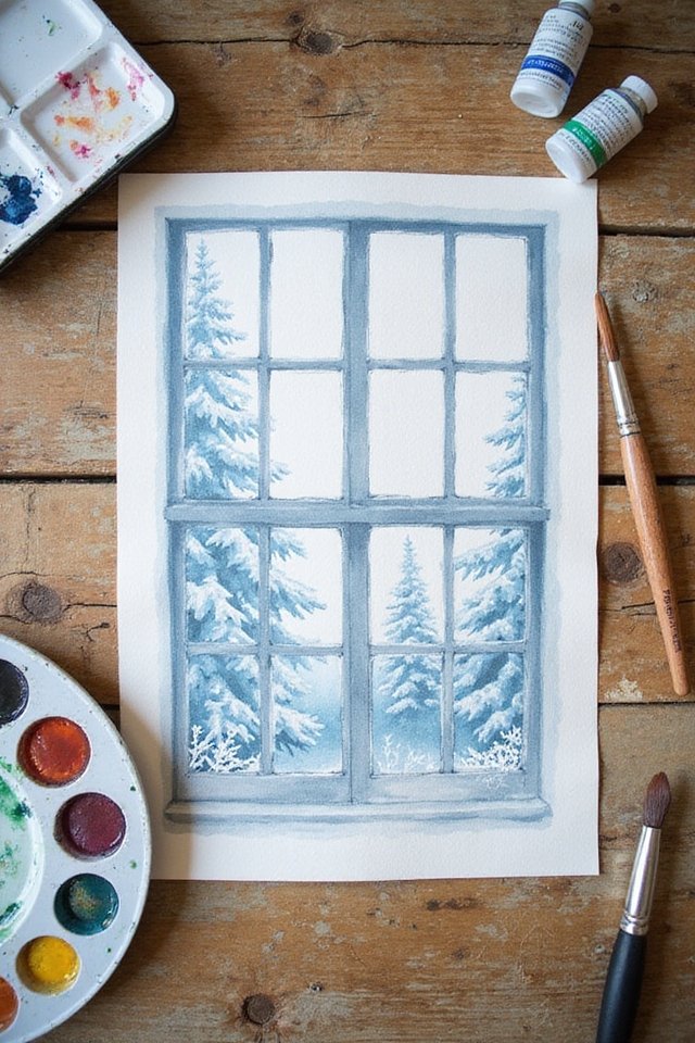 Watercolor painting of a snowy forest scene viewed through a window, with art supplies on a wooden table.