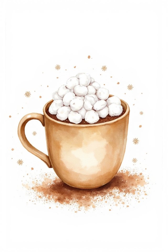 Illustration of a warm cup of hot chocolate topped with marshmallows, surrounded by cocoa powder sprinkles.