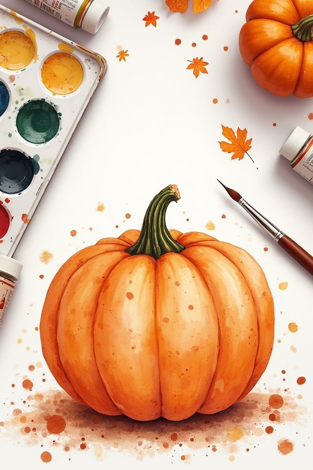 Watercolor painting of an orange pumpkin surrounded by paints, brush, and autumn leaves on a white background.