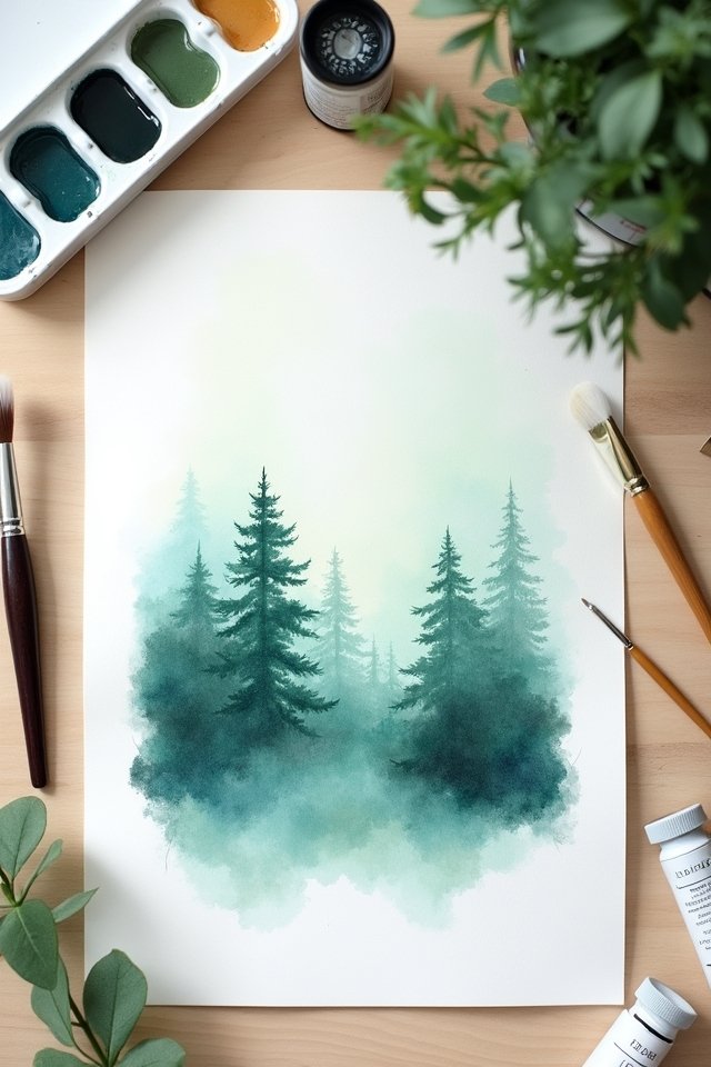 Watercolor painting of evergreen forest with art supplies, surrounded by green plants on a wooden desk.