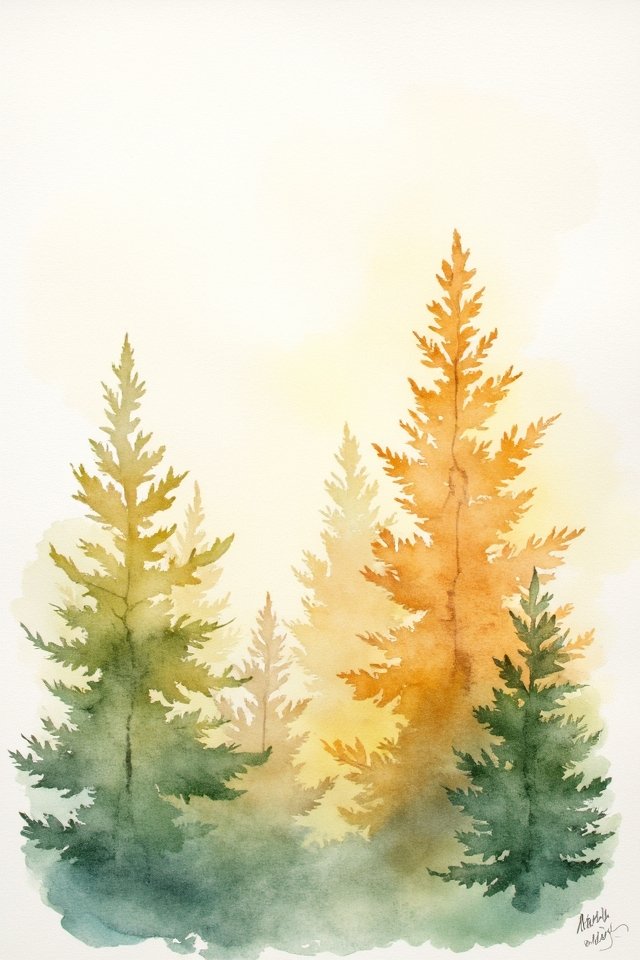 Watercolor painting of pine trees in shades of green and orange, evoking a serene forest scene under soft lighting.