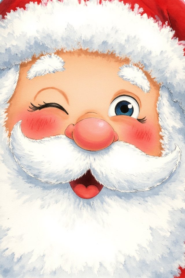 Cartoon Santa Claus winking and smiling with rosy cheeks and fluffy white beard, wearing a red hat. Festive holiday image.