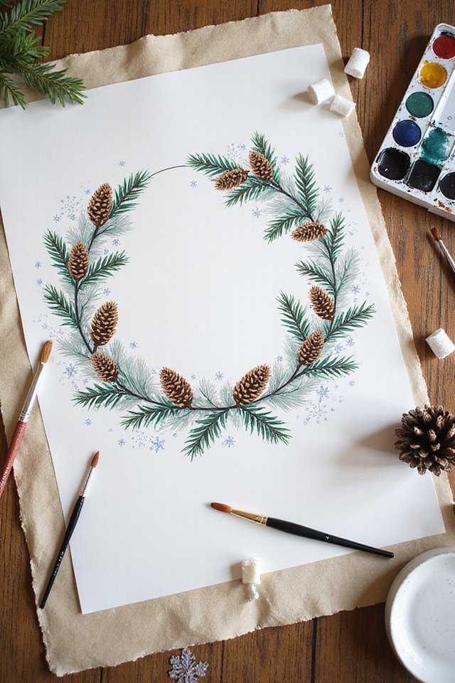 Watercolor winter wreath illustration with pine cones and evergreen branches, surrounded by art supplies on a wooden table.