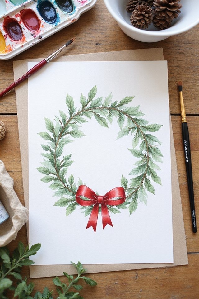 Watercolor Christmas wreath artwork on paper with red bow, surrounded by art supplies and pine cones on wooden table.