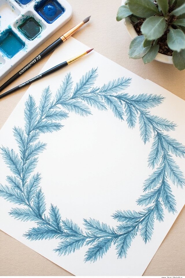 Watercolor painting of a blue leafy wreath with brushes, paint palette, and plant on a light background. Ideal for art enthusiasts.