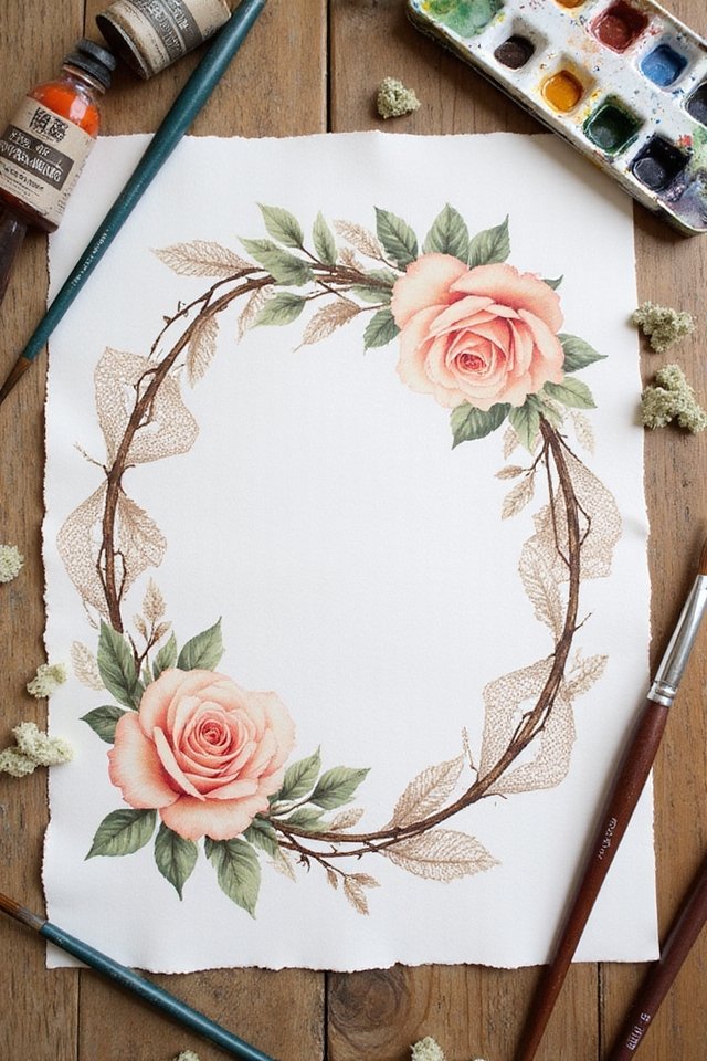 Watercolor floral wreath with roses on paper, surrounded by paintbrushes and paint palette on a wooden table.