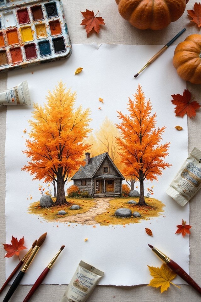 Watercolor painting of cozy cabin in autumn, surrounded by vibrant orange trees, pumpkins, and art supplies.