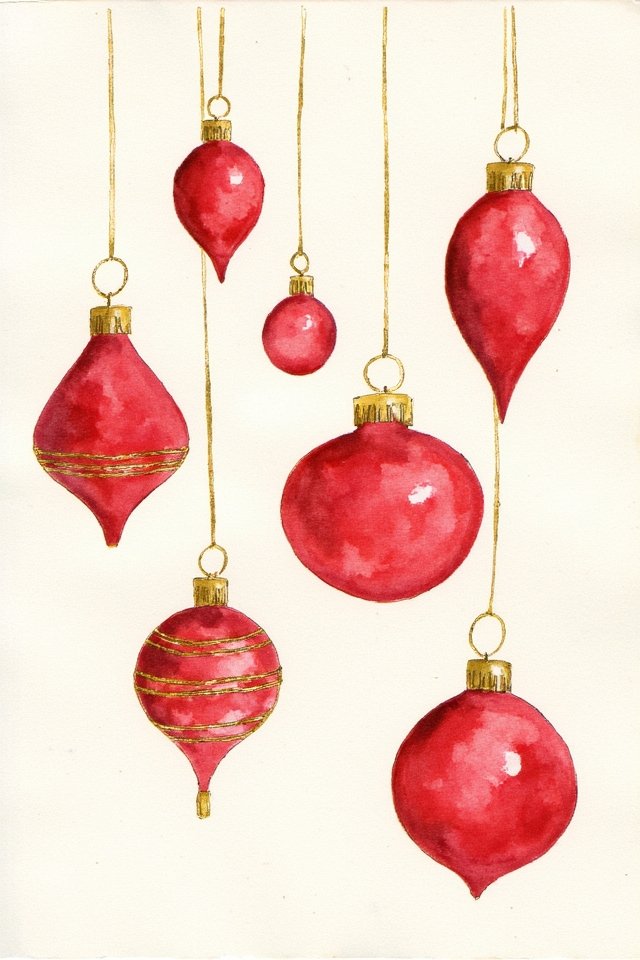 Red Christmas ornaments hanging on strings, watercolor painting, festive holiday decoration illustration.