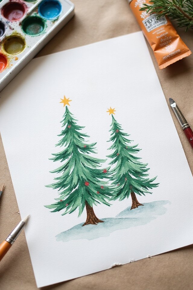 Watercolor painting of two decorated Christmas trees with stars, surrounded by art supplies.