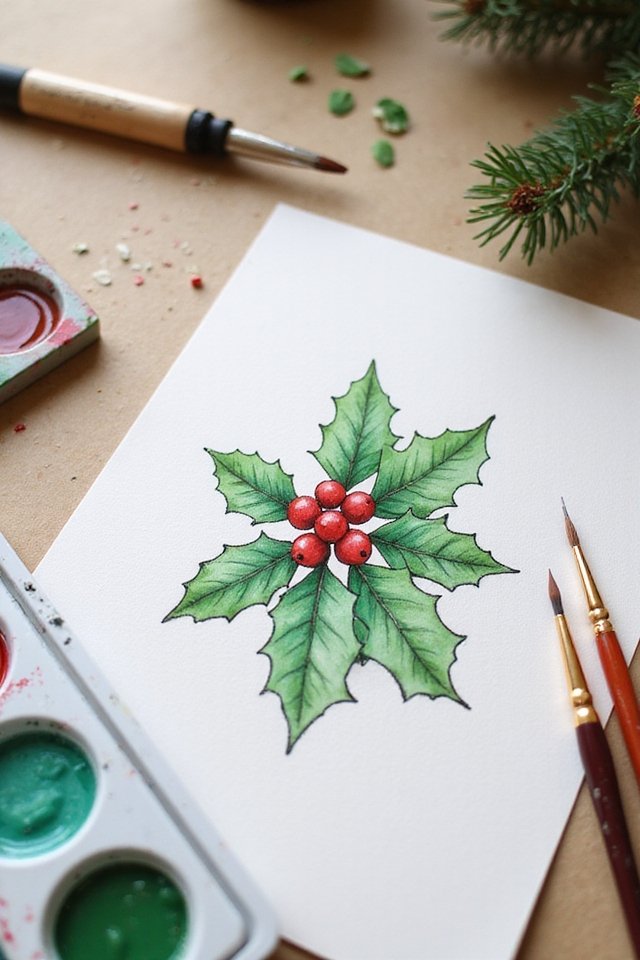 Watercolor holly painting with brushes and paints on a table, ideal for a Christmas art project or festive decor.