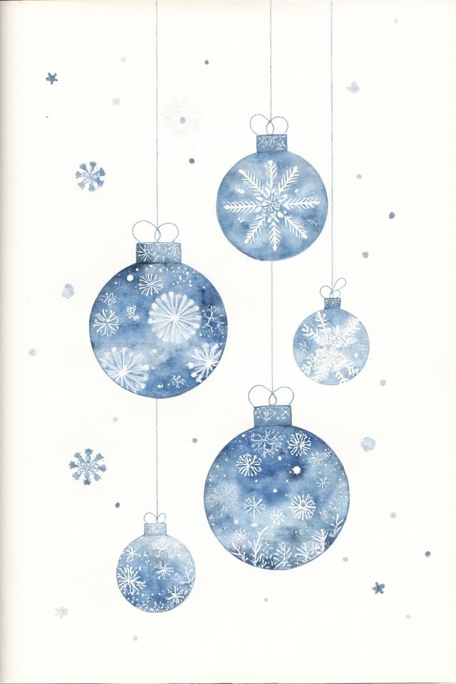 Blue watercolor Christmas ornaments with snowflake patterns on a white background.