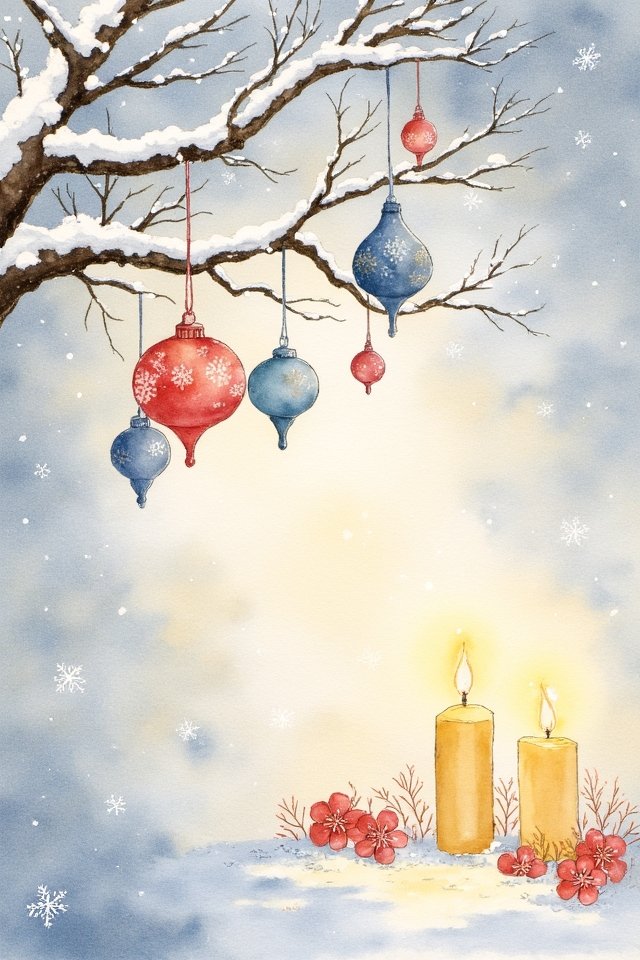 Snowy branch with red and blue ornaments, glowing candles, and red flowers. Winter holiday scene with snowflakes.