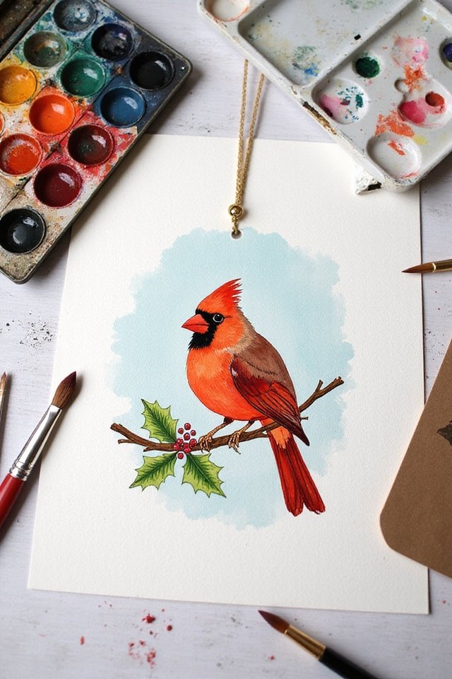 Painting of a red cardinal perched on a holly branch, surrounded by watercolor paints and brushes.