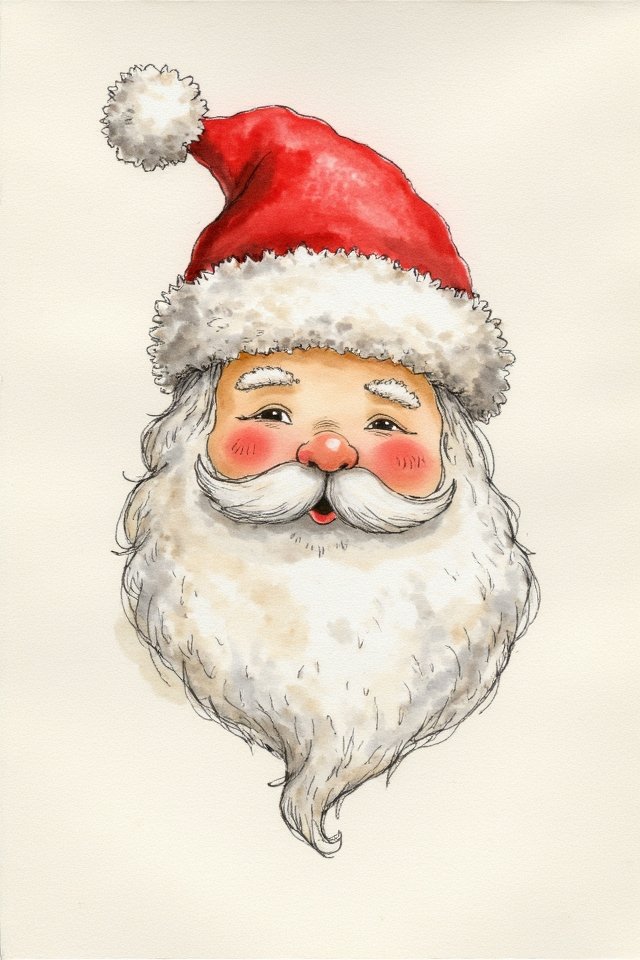 Smiling Santa Claus with red hat and bushy white beard, festive Christmas illustration.