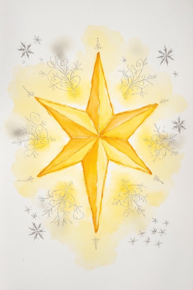 Golden star illustration with ornate designs and pastel tones, depicting an ethereal and mystical theme.