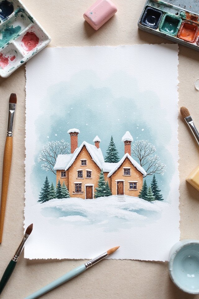 Watercolor painting of a cozy winter house with snow, fir trees, and painting supplies around.