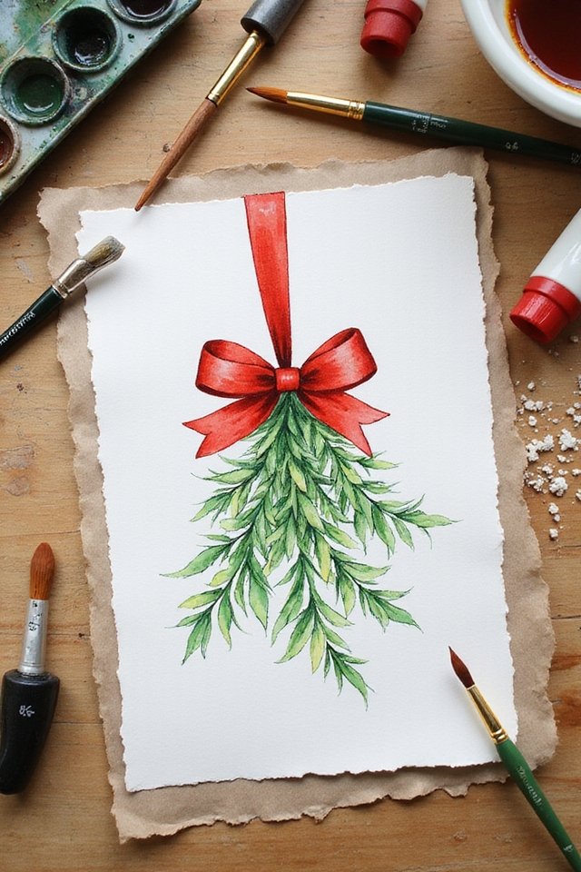 Watercolor pine branch with red bow, surrounded by brushes and paints on a wooden table. Perfect for holiday art inspiration.
