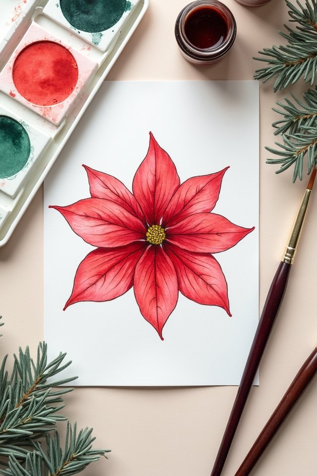 Watercolor poinsettia painting on paper, surrounded by paintbrushes, palette, and fir branches.