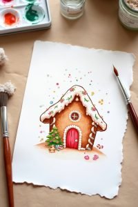 Illustration of a colorful gingerbread house with holiday decorations, paintbrushes, and watercolor palette.