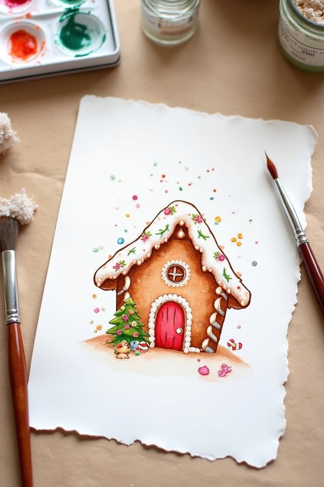 Illustration of a colorful gingerbread house with holiday decorations, paintbrushes, and watercolor palette.