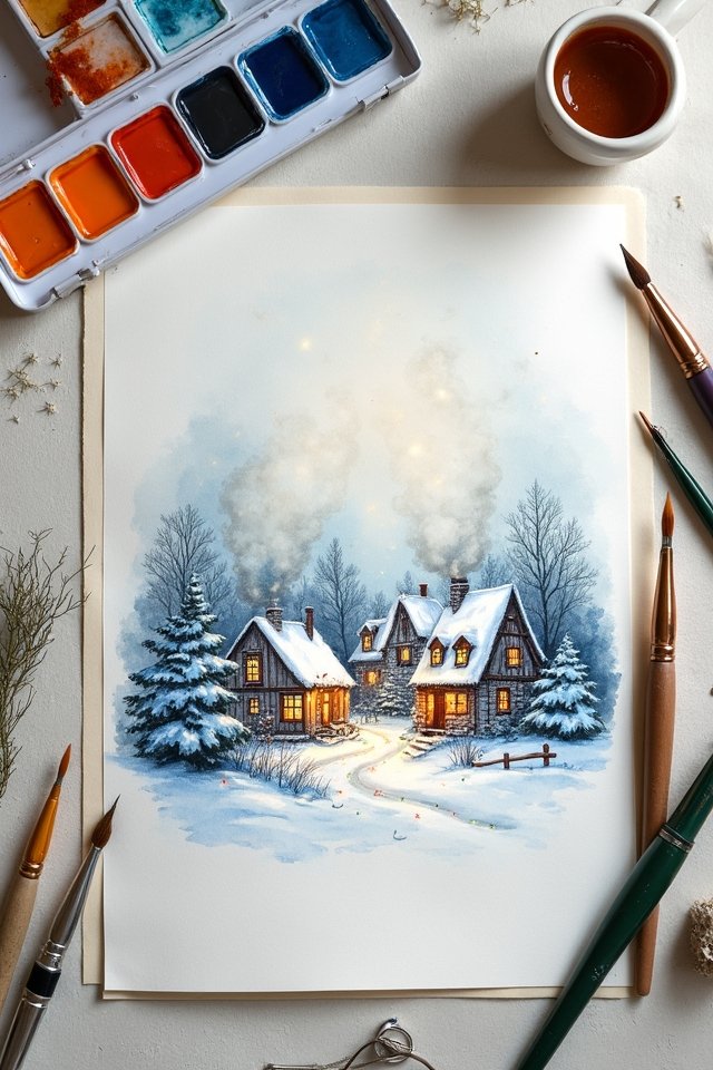 Watercolor painting of snowy cottages with warm lights, surrounded by trees, paints, brushes, and a cozy winter scene.