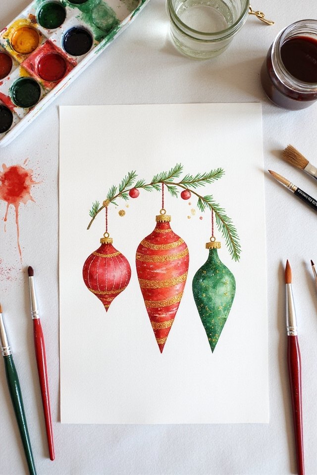 Watercolor painting of red and green Christmas ornaments with art supplies surrounding the artwork.