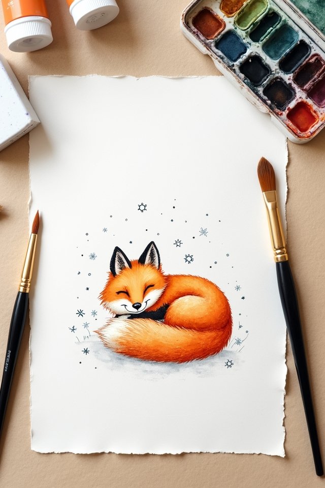 Illustration of a cute, sleeping fox surrounded by snowflakes, with watercolor paints and brushes nearby.