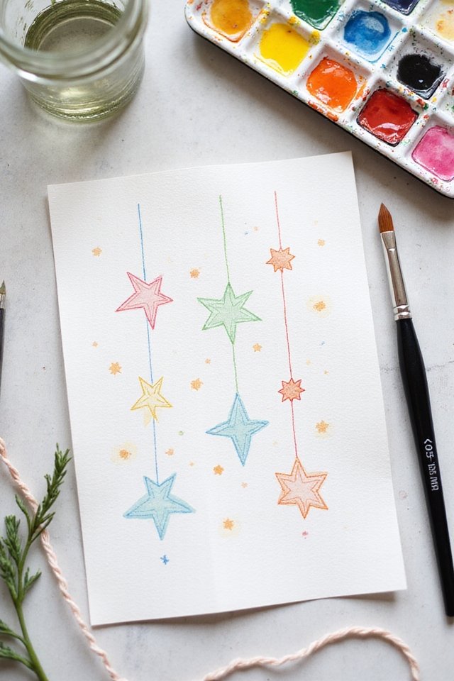 Colorful star drawings on paper with watercolor palette and brushes nearby, creating a whimsical art scene.