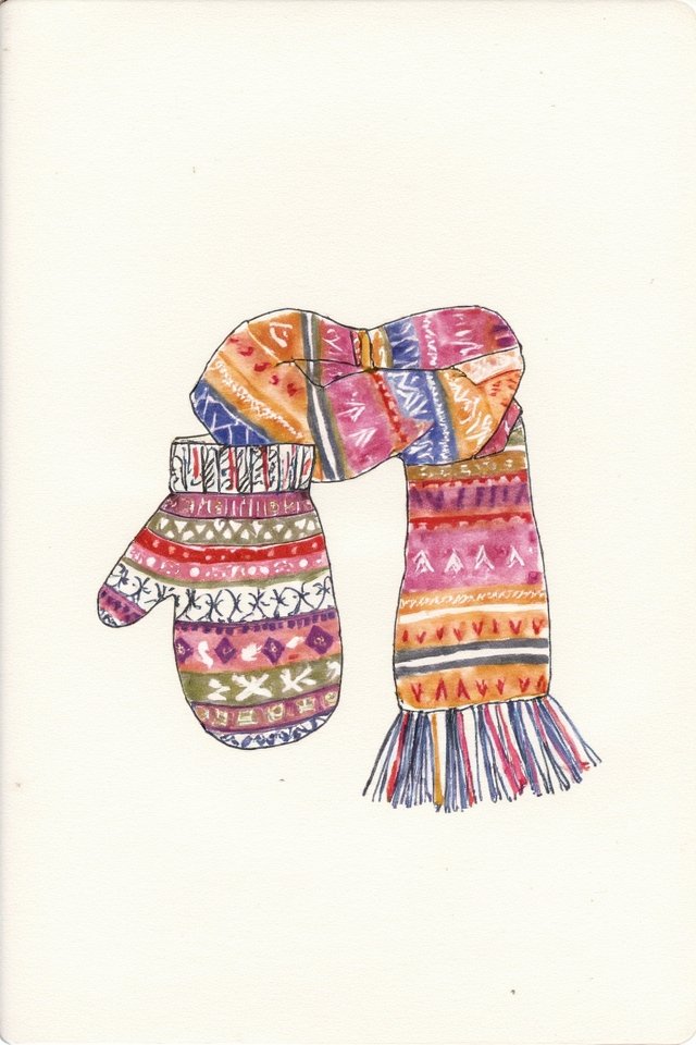 Illustrated mitten and scarf with colorful, geometric patterns on white background. Cozy winter wear.
