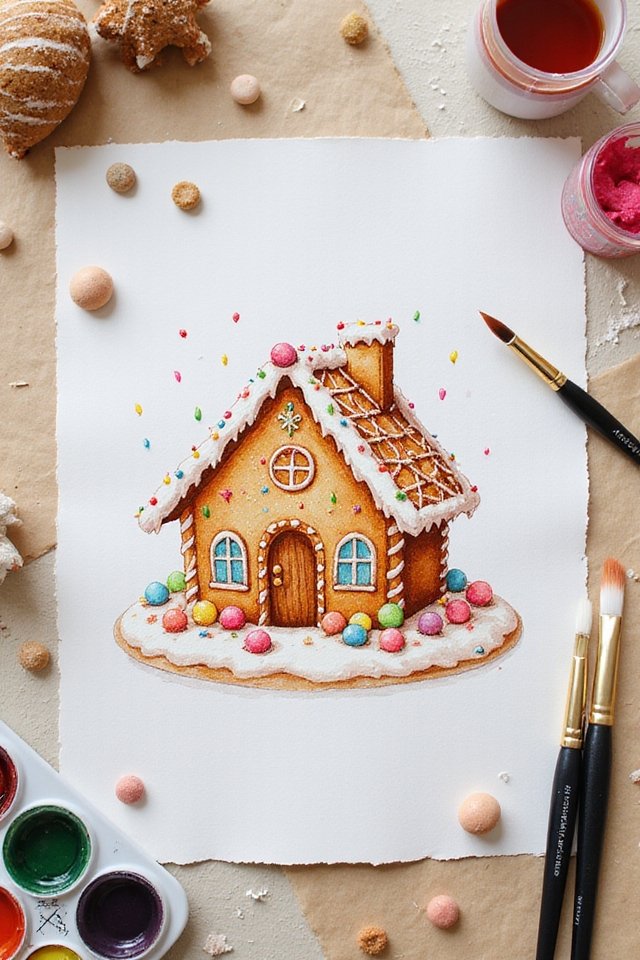Watercolor gingerbread house illustration with candies, surrounded by paintbrushes and art supplies on paper.