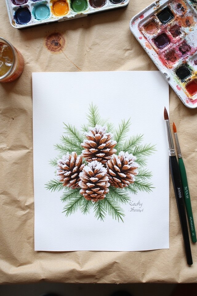 Watercolor painting of snowy pine cones with brushes and paints on kraft paper background.