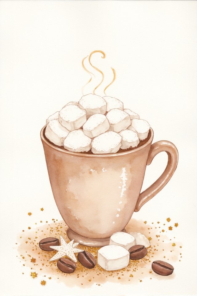 Steaming hot chocolate in a brown mug with marshmallows, surrounded by coffee beans and star anise.