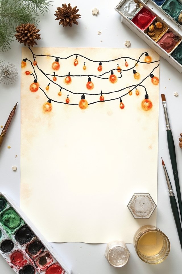 Watercolor painting of festive string lights on a blank canvas with art supplies and pinecones around.