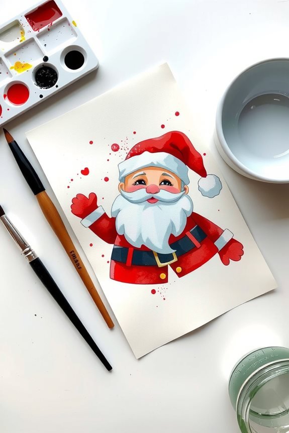 Illustrated Santa Claus with art supplies, featuring paintbrushes and palette, perfect for festive holiday creativity.