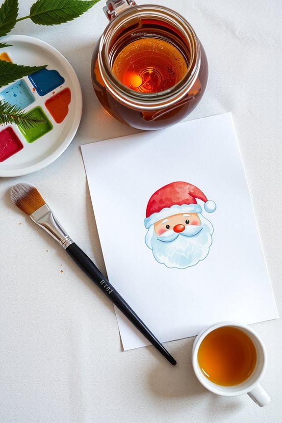 Watercolor painting setup with Santa illustration, paint palette, brush, and honey jar on a white surface.