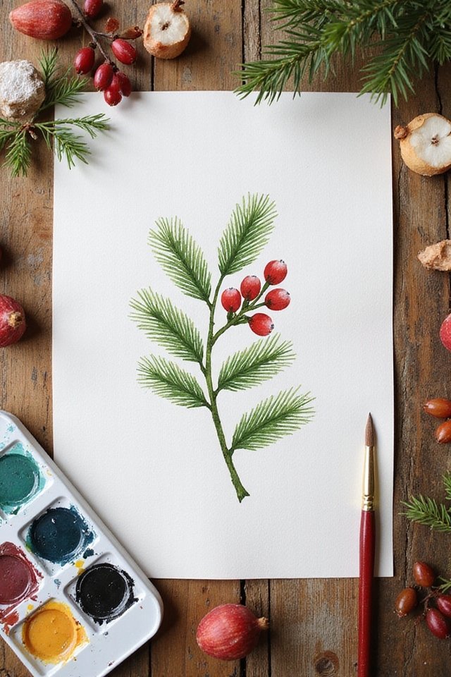 Watercolor painting of pine branch with berries, surrounded by art supplies and natural elements on a wooden table.