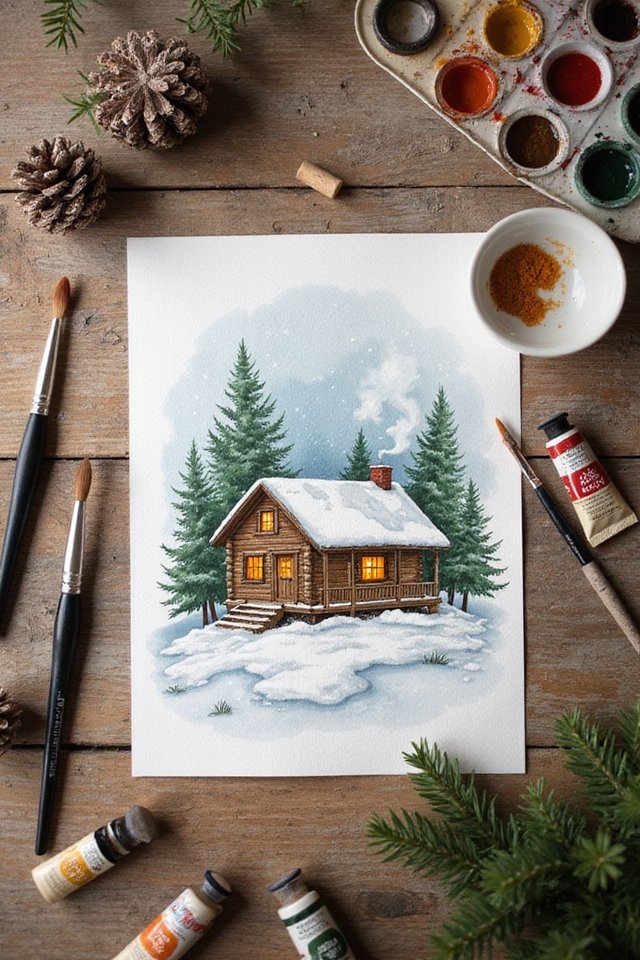 Watercolor painting of snowy cabin surrounded by pine trees, with art supplies on a wooden table.