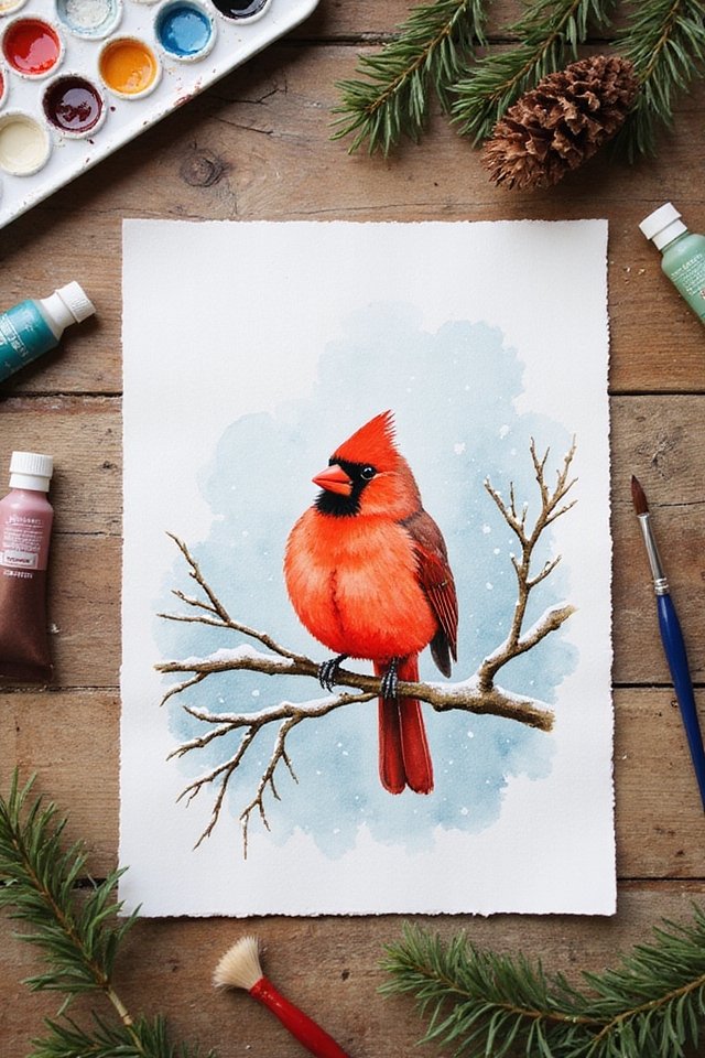 Watercolor painting of a vibrant red cardinal on a branch, surrounded by art supplies and evergreen sprigs.