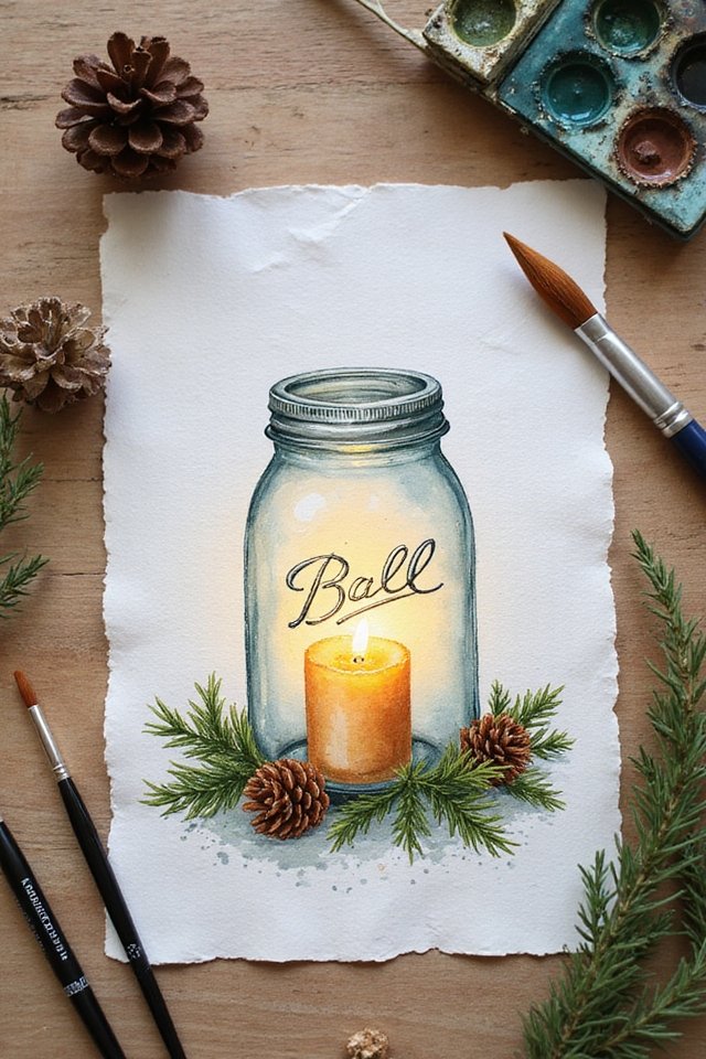 Watercolor art of candle in a Mason jar with pinecones and greenery, surrounded by painting tools on a wooden surface.