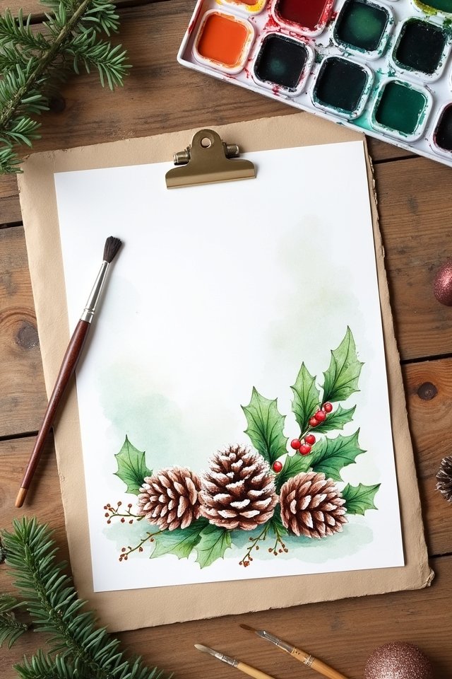 Watercolor painting of pinecones, holly, and berries on a wooden table with paints and brushes. Festive and artistic.
