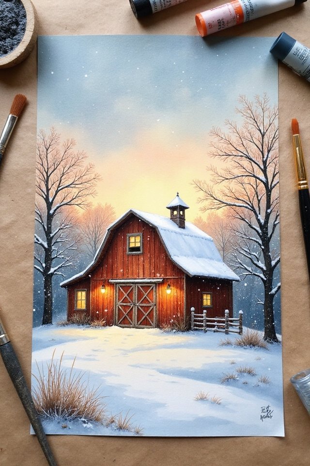 Winter scene with a snow-covered red barn at sunset, surrounded by bare trees and falling snowflakes.