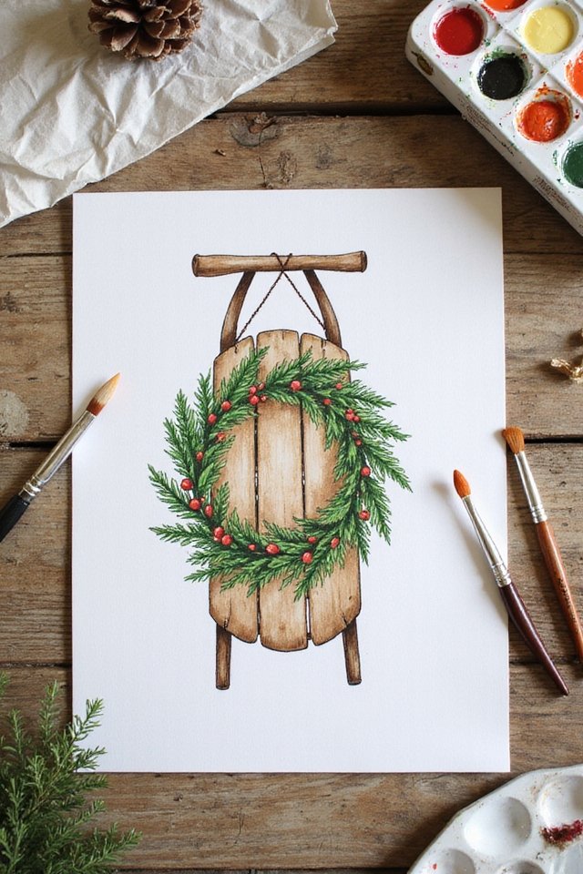 Watercolor painting of a vintage sled with a holiday wreath, surrounded by paintbrushes and a palette on a wooden table.